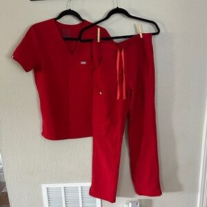 Red Scrub Set with V-Neck Top and Drawstring Pants
